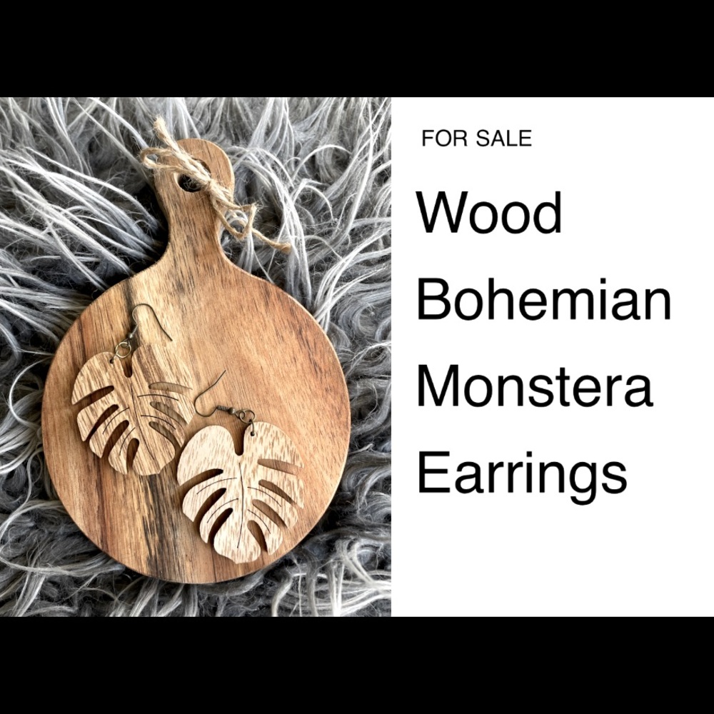 Wooden Monstera handmade bohemian earrings
